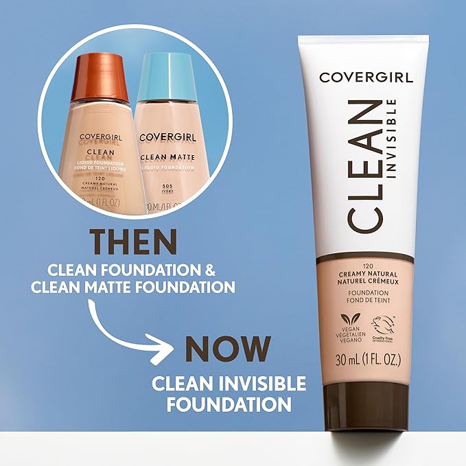 COVERGIRL Clean Invisible Foundation Makeup, Dewy & Glowy Natural Finish, Buildable Coverage, Skin-Like Smooth Look, Vegan, Java, 1oz