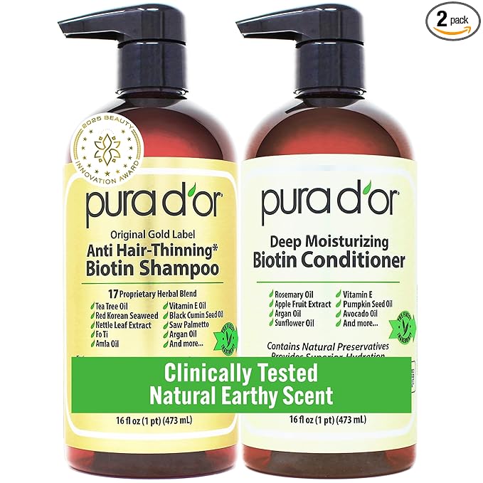 PURA D'OR Anti-Thinning Biotin Shampoo and Conditioner Natural Earthy Scent, CLINICALLY TESTED Effective Results, Herbal Blend Thickening Products For Women & Men, Original Gold Label Set, 16oz x2 | Deep Moisturizing