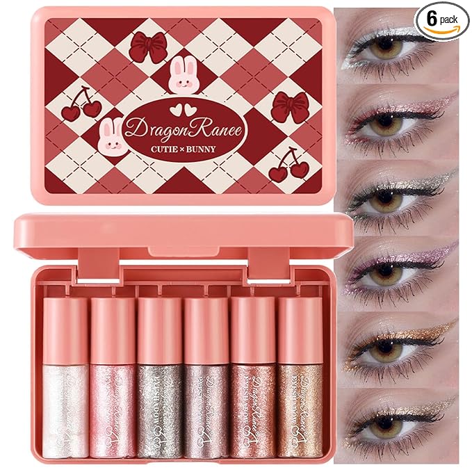 6 Pcs Liquid Glitter Eyeshadow Set Colorful Eyeliner with Long-Lasting and Waterproof Shinning Eye Shadow Gift for Women Eye Makeup (Cherry Rabbit)