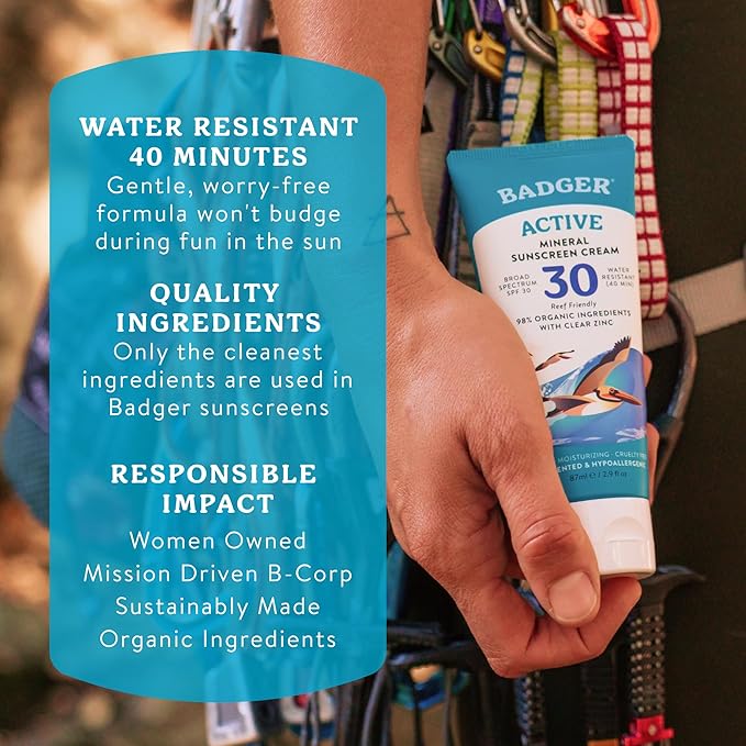 Badger Mineral Sunscreen Cream SPF 30, Zinc Oxide Sun Care, 98% Organic, Reef Safe, Water Resistant, Unscented Face and Body Sunscreen Travel Size, 2.9 fl oz