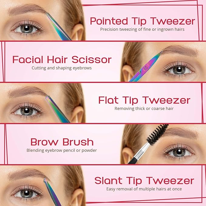 6-Piece Precision Eyebrow Tweezers for Women & Men - Professional Eyebrow & Facial Hair Grooming Kit with 4 Tweezers For Eyebrows, Eyebrow Scissors & Brush - Stainless Steel Tools in Leather Case
