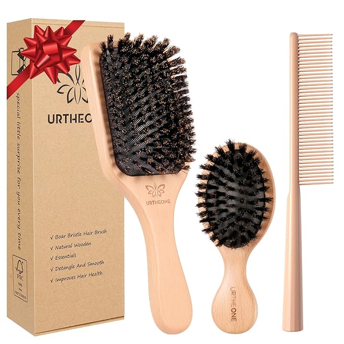 URTHEONE Pure Boar Bristle Hair Brush Set with Wide-Tooth Comb,Natural Beechwood Detangling Kit for Shine & Frizz Control,Gift for Women & Men