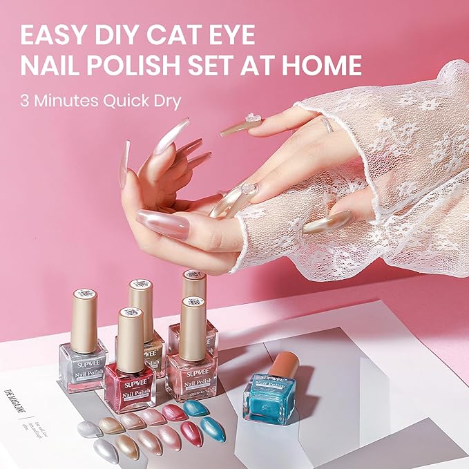 Cat Eye Nail Polish Non Gel, Quick Dry Magnetic Nail Polish Set with Magnet, Candy Cateye Nail Lacquer High Glossy DIY Salon Gift for Women Girl