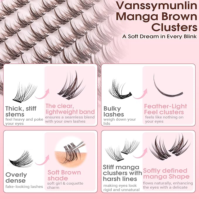 Dark Brown Manga Lash Clusters Kit Natural Wispy Eyelashes Cluster Kit Fairy Anime Cluster Eyelash Extensions C Curl 10-18mm Lashes Clusters Clean Band Individual Lashes with Brush
