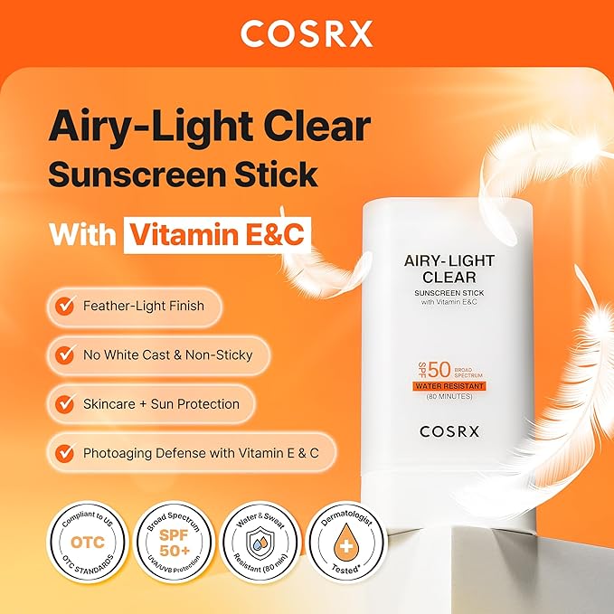 COSRX Vitamin E Sunscreen & Airy Light Clear Sunscreen Stick with Free Keyring, Amazon Exclusive, Korean Sunscreen, Beach Essentials, Summer Travel Essentials, Korean Skin Care Set