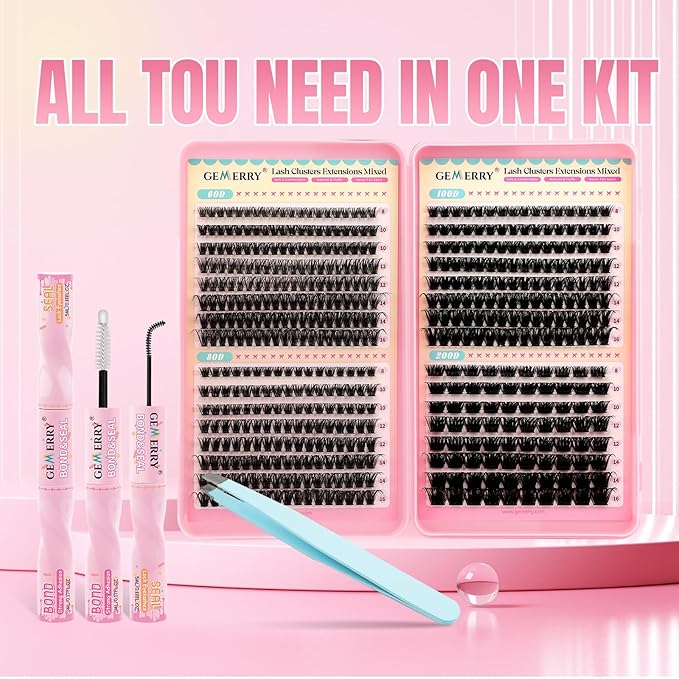 GEMERRY Lash Clusters Kit 4 Style Clusters Eyelash Extensions False Eyelashes Wispy Natural Lashes Fluffy Individual Lashes with Bond and Seal and Tweezers (60D 80D 100D 200D, 8-16mm)