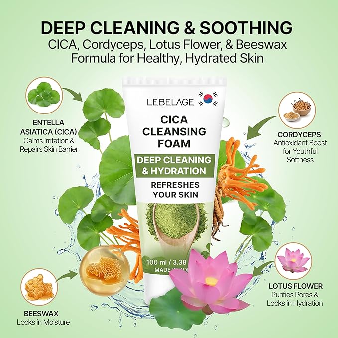 LEBELAGE Korean Cica Facial Cleanser 3.38 oz | Cleansing Foam Face Wash | Low pH Gentle Hydrating Daily Facial Cleanser Sensitive Skin | Deep Cleansing Foaming Cleanser, Pore Care-All Skin Types
