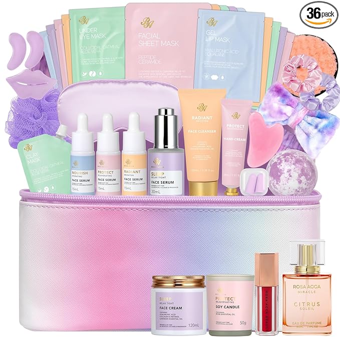 36 Pcs Mother's Day Gift, Hydrating Skin Care Kit, Bath and Body Gift Set for Women, Face Sheet Mask, Leather Cosmetic Bag, Face Serum, Self Care Kit, Anniversary, Birthday, Valentines,Christmas
