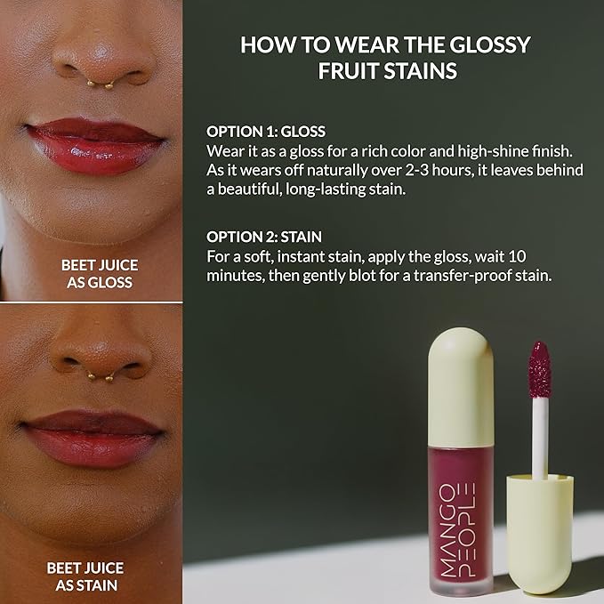 Mango People Hydrating Glossy Fruit Lip Stain, Long Lasting Tint & Oil Stain, Lightweight Lip Makeup with High-Shine Finish for Soft, Smooth and Nourished Lips - Beet Juice