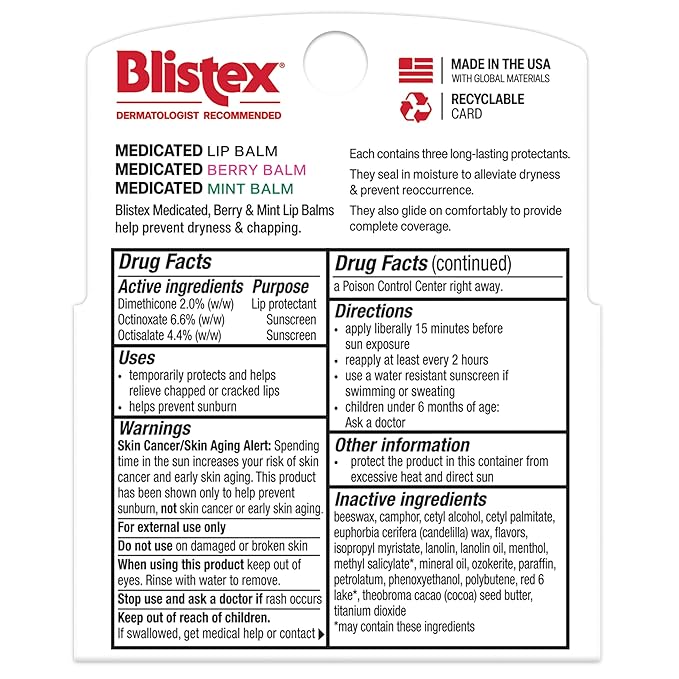 Blistex Medicated Lip Balm, 0.15 Oz Each, Classic, Mint and Berry Flavor, Soothes and Protects, Advanced Medicated Lip Care for Dry, Chapped Lips, SPF 15 Sun Protection, 3 Count, 1 Pack