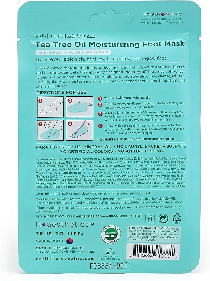 Earth Therapeutics Tea Tree Oil Moisturizing Foot Mask - 2 Pack (2 Pairs)