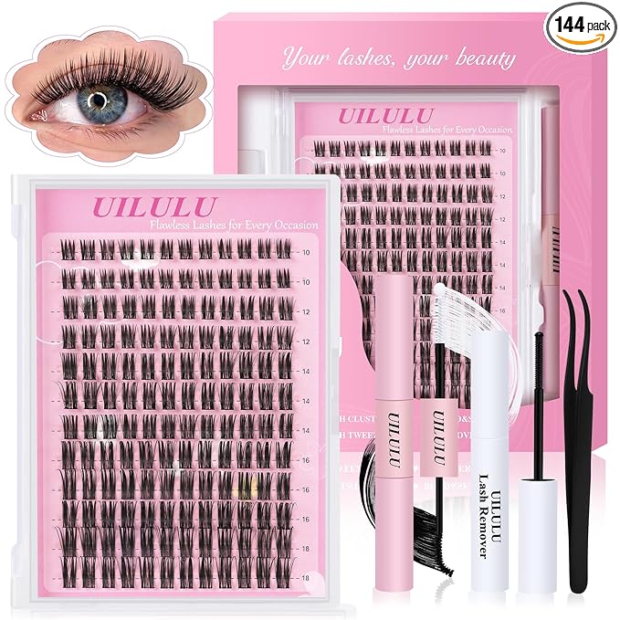 Uilulu Lash Cluster kit 10-18mm DIY Lash Extension Kit 144 D Curl Wispy Clusters Lashes 0.07D Individual Lashes Clusters False Eyelashes Set Eye Lash Kits Extensions Kit Fake Eye Lash(U15 Lash Kit)