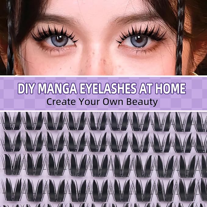 B&Qaugen Bunny Lash Clusters Manga Lashes CC Curl Wispy Natural Invisible Band Eyelash Clusters, Waterproof DIY Lash Extensions at Home, Wet Look for Cosplay & Daily Wear (Lash-Anime 05)