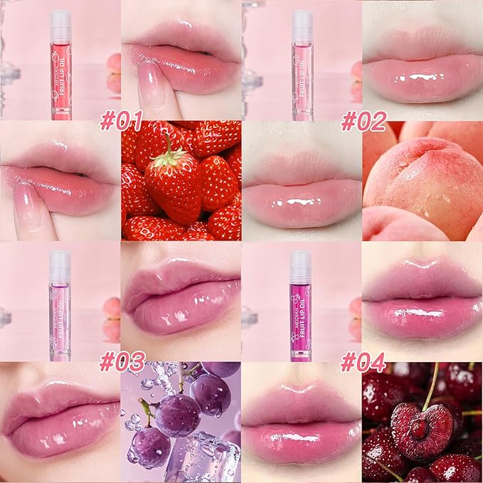 ADMD 4-Pack Lip Gloss Set Fruit Flavored Rollerball Lip Oil Set - Hydrating, Nourishing & Plumping - Strawberry, Peach, Grape, Cherry