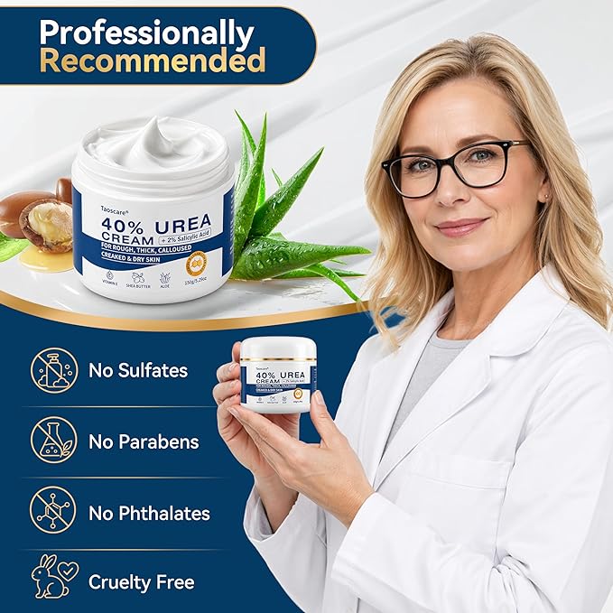 40% Urea Cream with 2% Salicylic Acid, Maximum Strength Foot Hand Cream, Intensive Repair Moisturizer for Dry Cracked Heels Knees Elbows, Exfoliating Callus Remover for Rough Thick Skin