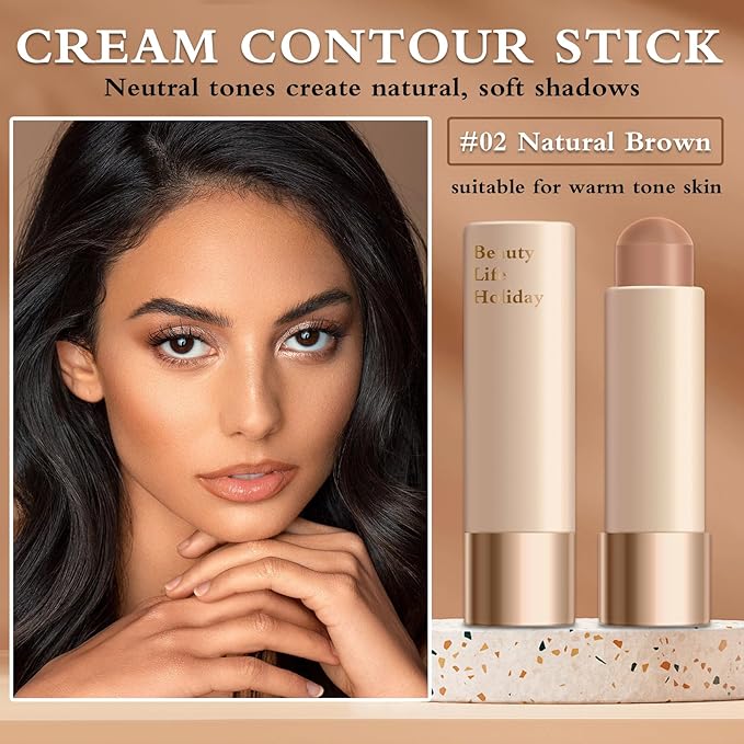 Warm Toned Cream Bronzer Stick,Blendable and Matte Cream Contour Stick for Natural Look,Easy to Sculpt,Long Lasting Face Shaping Contouring Makeup - 02 Natural Brown
