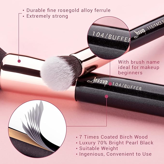Jessup Brand 25pcs Professional Makeup Brush Set Beauty Cosmetic Foundation Powder Blusher Eyeshadow Blending Natural-Synthetic Hair Brushes Set (Black/Rose Gold)