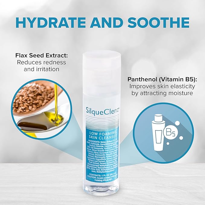 SilqueClenz Low Foaming Skin Cleanser – Gentle, Low pH Wound Cleanser for Scars, Sensitive Skin & Post-Op Areas - Hydrates with Flax Seed Extract & Vitamin B5 – Compact Travel-Ready Bottle, 1 fl. oz