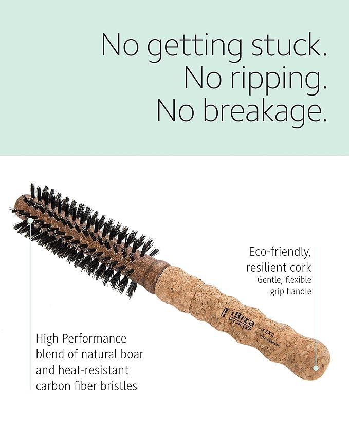 Ibiza Hair Round Boar Bristle Brush (EX2-40mm) | Lightweight with Reinforced Bristles & Cork Handle | Ideal for Bangs & Hairlines | Adds Texture & Shine for Short to Medium Styles