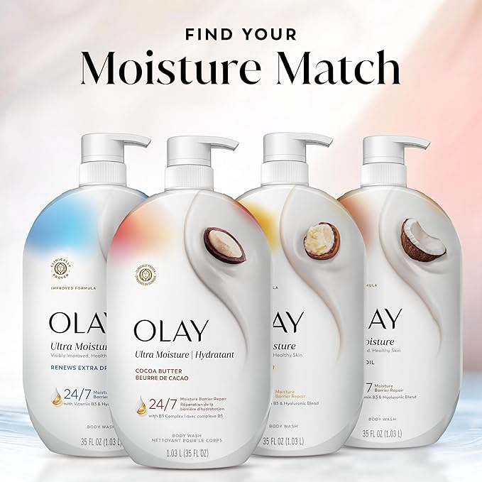Olay Body Wash for Women, Ultra Moisture, 24/7 Moisture Barrier Repair, Hydrating Formula for Visibly Healthy Soft Skin, Vitamin B3 & Hyaluronic Blend, For All Skin Types, Cocoa Butter Scent, 35 fl oz