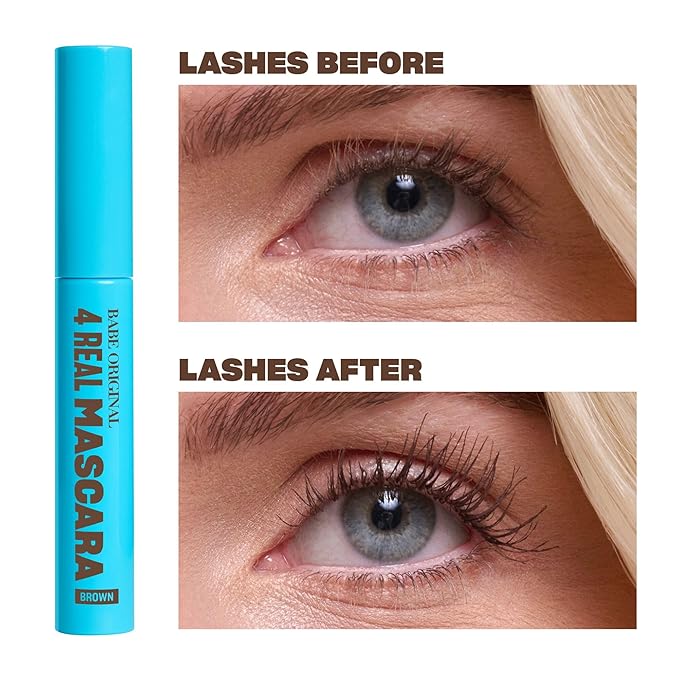 Babe Original 4 Real Mascara Brown for Volume, Length, and Lift in Eyelashes, Defined & Flutterly Look, Vegan & Cruelty-Free, (Brown)