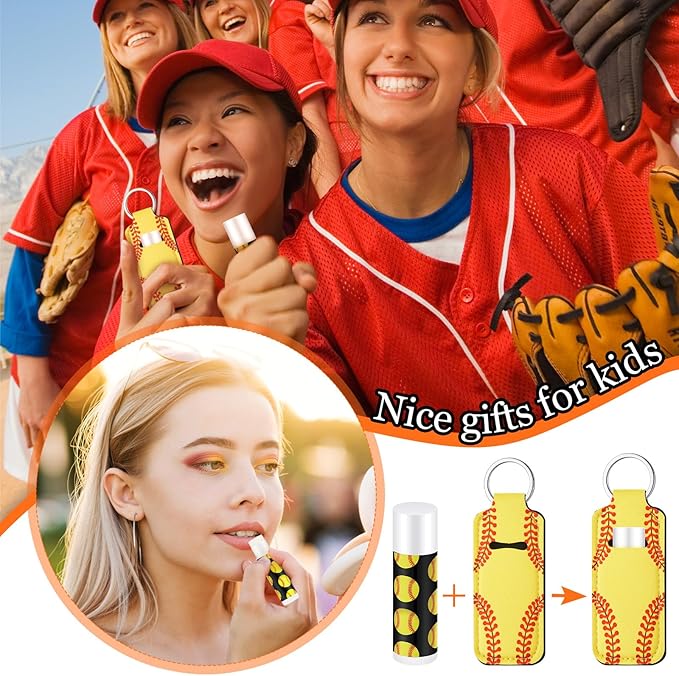 18 Sets Softball Party Favors Lip Balm and Lipstick Holder Keychain Bulk Sport Ball Team Gifts Natural Moisturizing Lip Balm Keychains Pouch for Team Sports Party Supplies(Yellow)