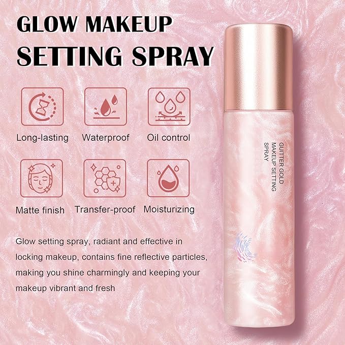 IONSGAKO Glow Makeup Setting Spray, Shimmer Dewy Hydrating Setting Spray for Makeup Glowing Long-Lasting Radiant Finish, Lightweight Formula, All-Day Wear, 4 Fl Oz