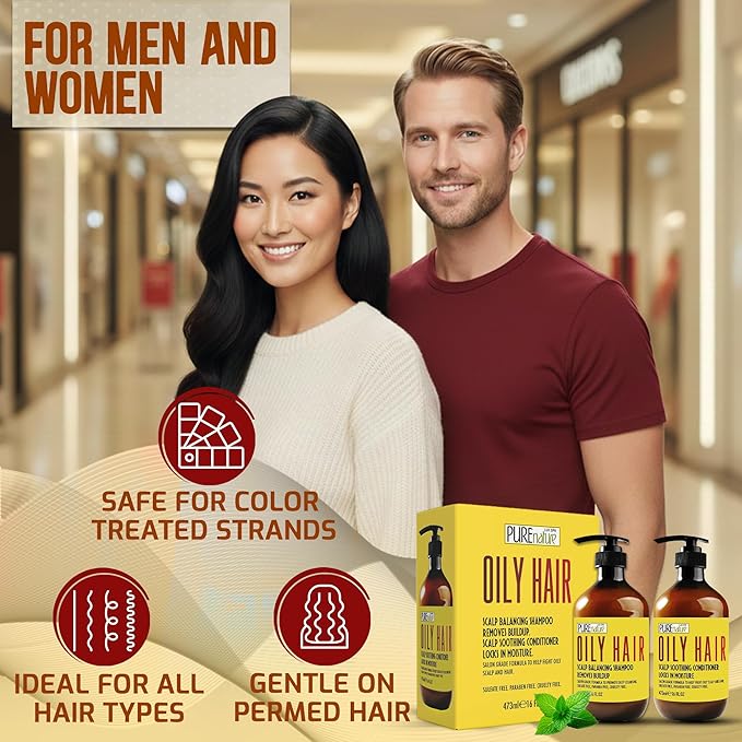 Oily Hair Shampoo and Conditioner Set - Sulfate Free Moisturizing Cleanse for Oily, Flaky Scalps - Fights Dandruff and Itchiness - Salon Professional Formula - For Men and Women - 16 Fl Oz (Set of 2)