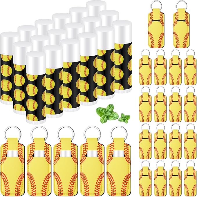 18 Sets Softball Party Favors Lip Balm and Lipstick Holder Keychain Bulk Sport Ball Team Gifts Natural Moisturizing Lip Balm Keychains Pouch for Team Sports Party Supplies(Yellow)