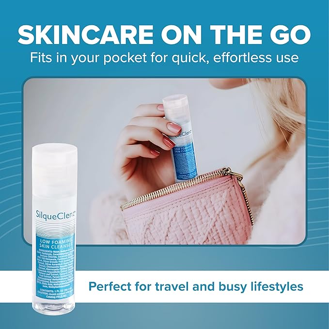 SilqueClenz Low Foaming Skin Cleanser – Gentle, Low pH Wound Cleanser for Scars, Sensitive Skin & Post-Op Areas - Hydrates with Flax Seed Extract & Vitamin B5 – Compact Travel-Ready Bottle, 1 fl. oz