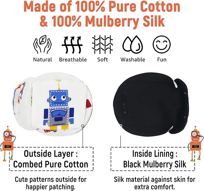 Astropic 3D Cotton & Silk Eye Patch for Kids | Boys Eye Patch for Glasses | Medical Eyepatch for Children with Lazy Eye (Blue Robot, Right Eye)