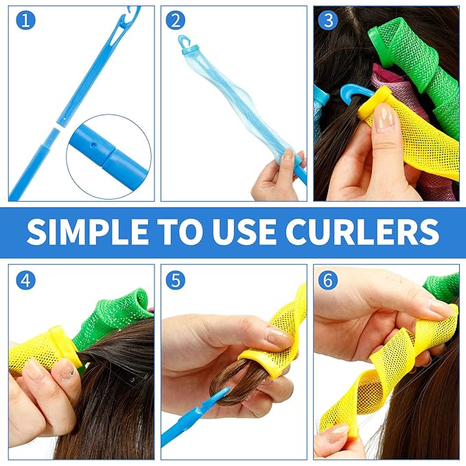 WILLBOND 28 Pieces Heatless Curlers No Heat Spiral Curls Hair Curlers Styling Kit with 2 Pieces Styling Hooks for Most Kinds of Hairstyles (Assorted Color, 20 cm)