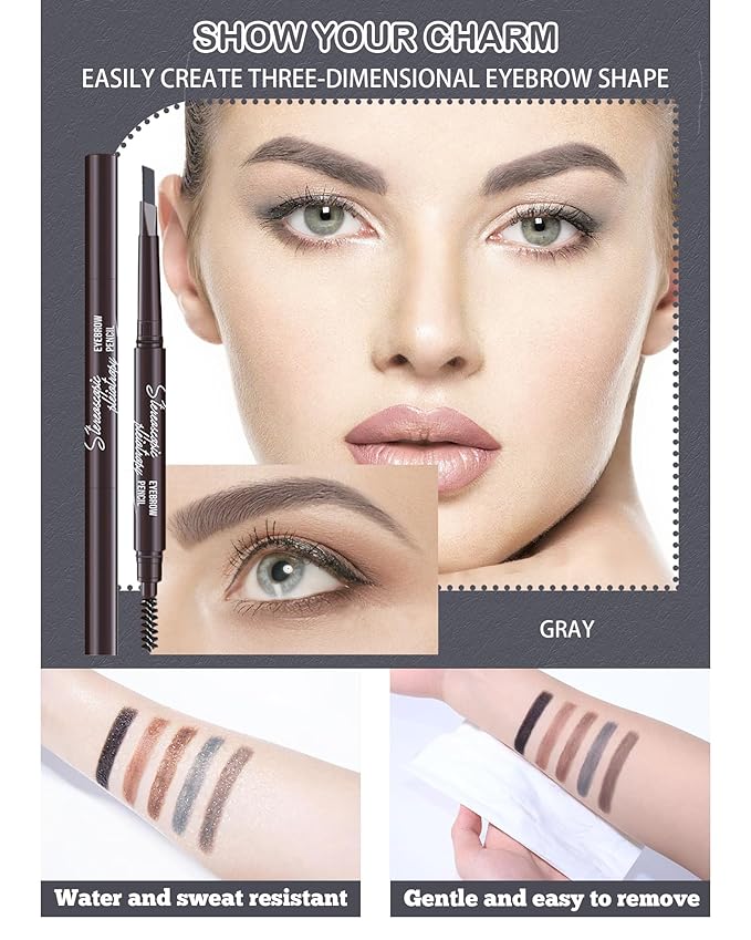 Waterproof Eye Brow Pencils for Women, 6Pcs Double-ended Grey Eyebrow Pencil with Razor Kit, Triangular Tip Design Makes it Easier to Define and Fill in Brows for a Natural Look