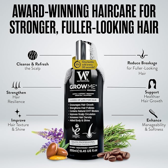 Watermans Grow Me Organic Hair Growth Shampoo for Men & Women – Strengthening & Moisturizing with Biotin, Rosemary, Caffeine & Argan Oil for Fuller, Thicker-Looking Hair (8.45 fl oz)