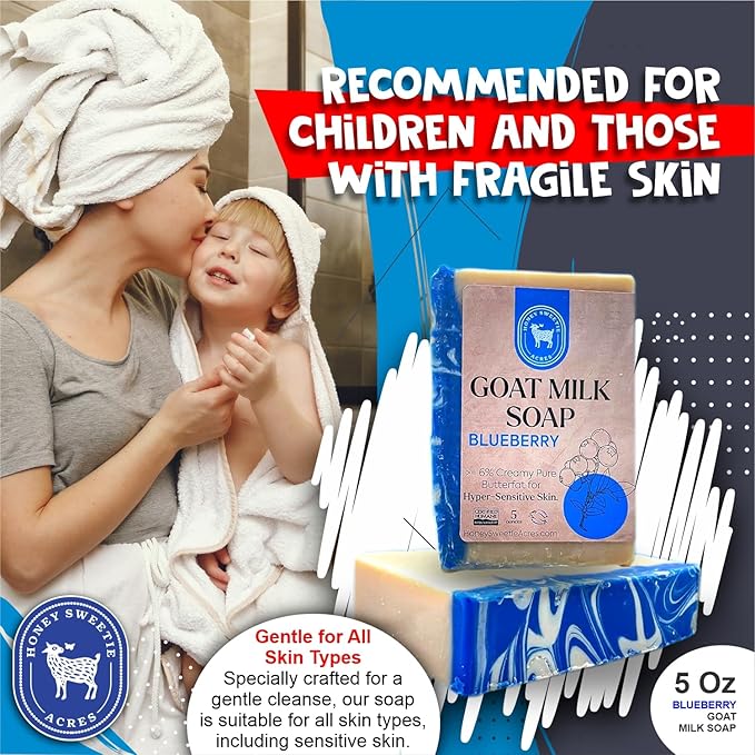 Honey Sweetie Acres 2-Pack Blueberry Goat Milk Soap - All Natural 5 oz Handmade Bar Soap – Moisturizing, Gentle for Sensitive Skin, Eco-Friendly, Made in the USA