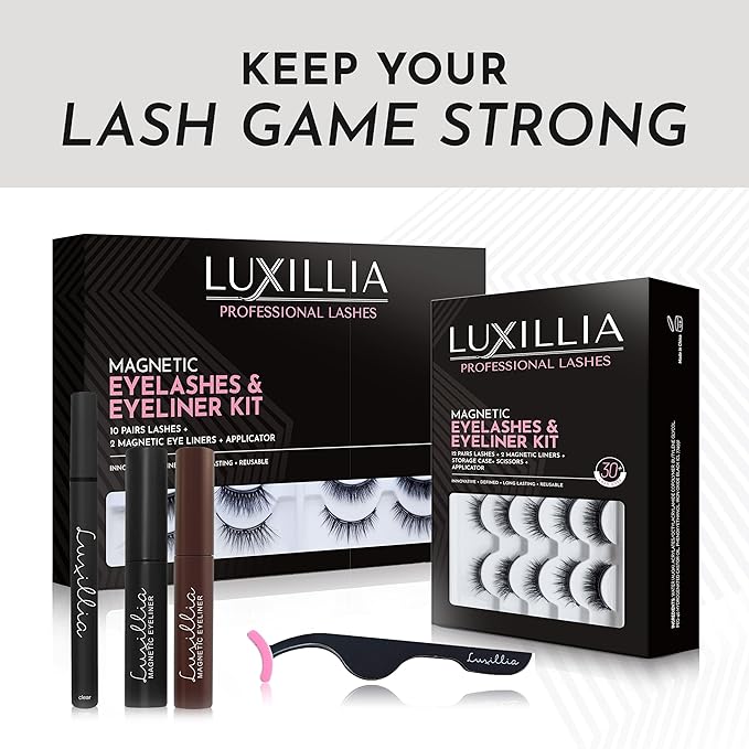 Luxillia 13-Piece Brown & Black Magnetic Eyelashes with Applicator & Magnetic Eyeliner Kit – Reusable Natural Magnetic Lashes – Easy Apply Lash Kit for Beginners – Waterproof Dramatic Looks