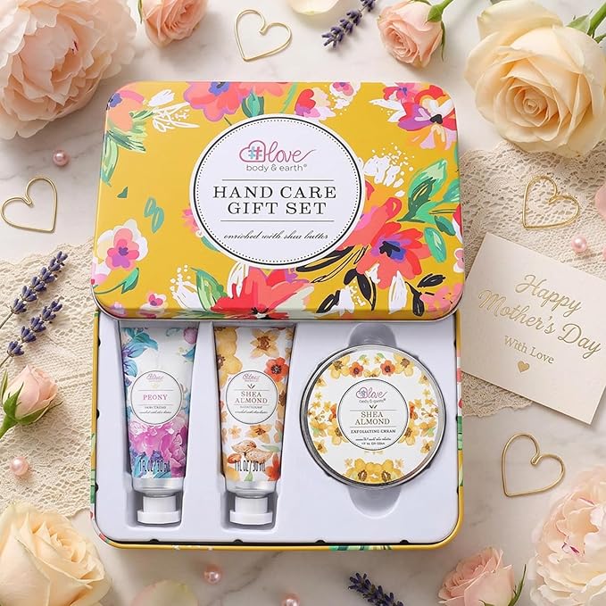 BODY & EARTH # LOVE Hand Cream Gifts Set for Women,Mothers Day Gifts for Mom,Teacher Appreciation Gifts,Nurses Week Gift,Hand Care Set with 2 Hand Cream & Exfoliating Cream,Hand Lotion Travel Size