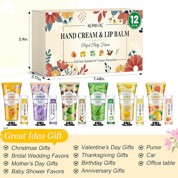 KONEUK 12 Pack Bulk Hand Cream and Lip Balm Set for Women, Mothers Day Gifts, Teacher Appreciation Gifts, Nurse Gifts, Bridal Shower Favors, Wedding Shower Favors and Bulk Gifts for Guests