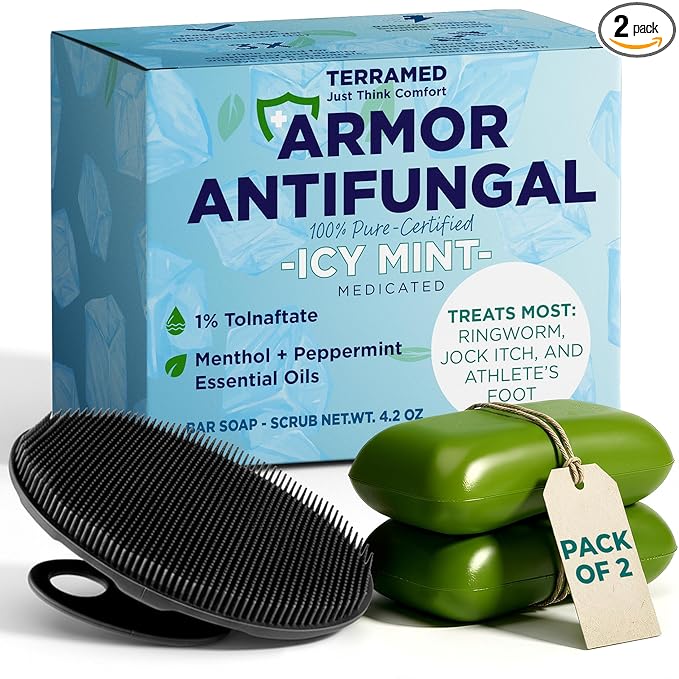 Antifungal Soap Infused with Peppermint Essential Oil | Medicated Tolnaftate 1% Soap for Itchy Skin, Athlete’s Foot, Ringworm & Jock Itch Treatment | Spearmint Freshness Bars Pack of 2 with Scrubber