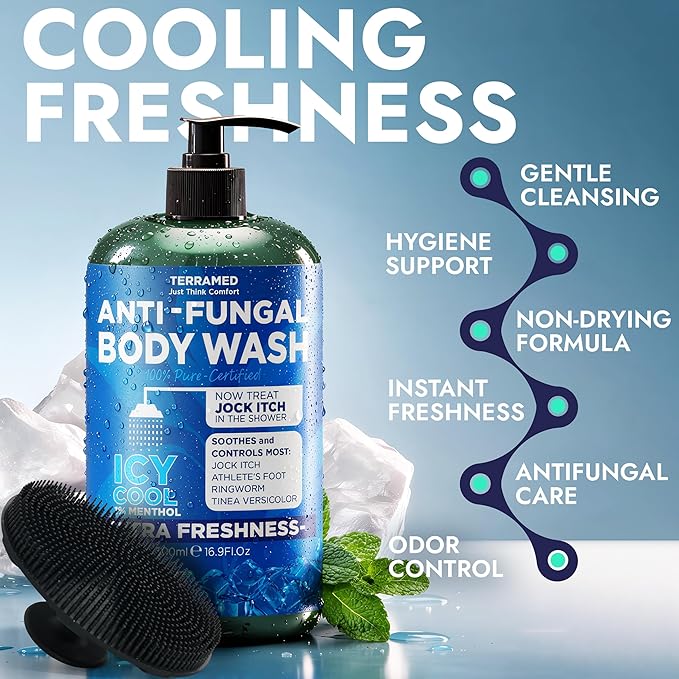 Antifungal Body Wash | Antifungal Soap with 1% Tolnaftate | Medicated Jock Itch Treatment for Ringworm & Athlete’s Foot | Cooling Effect Menthol Body Wash | Includes Scrubber 16.9 Fl oz