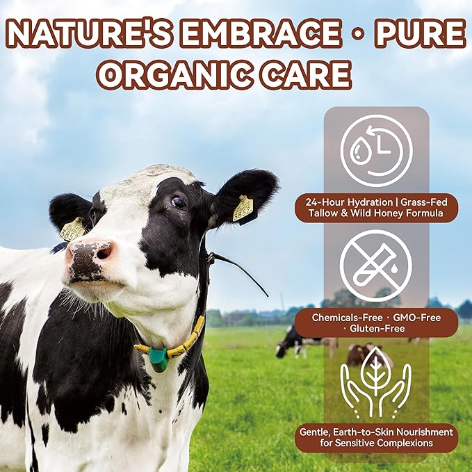 Beef Tallow for Skin - Organic Grass-Fed Whipped Beef Tallow and Honey Balm with Wild Honey & Beeswax, Beef Tallow for Face & Body Moisturizer, Natural Lotion for Sensitive and Dry Skin 4.2 oz
