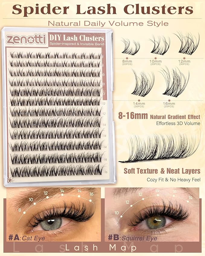 Natural Lash Clusters Spider Lashes Cluster Breeze Wispy Cluster Eyelash Extensions Venus Individual Lashes with Invisible Clear Band DIY Lash Extension for Lash Beginners 8-16mm D Curly by zenotti