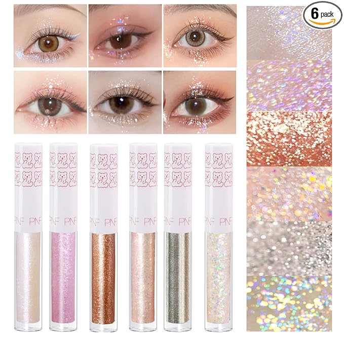 6Pcs Liquid Glitter Eyeshadow Eyeliner, Korean Makeup, Bling Under Eye Shadow, Shimmer Eye Make Up Valentine's Gift Set,Long Lasting,Quick Drying & Pigmented Loose Glitter Glue for Crystals Makeup