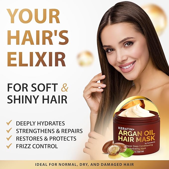 SUNATORIA Argan Oil Hair Mask with Keratin for Dry, Dull, Frizzy Hair - Deep Conditioning Mask for Softness, Smoothness & Shine, 8.5 Fl Oz