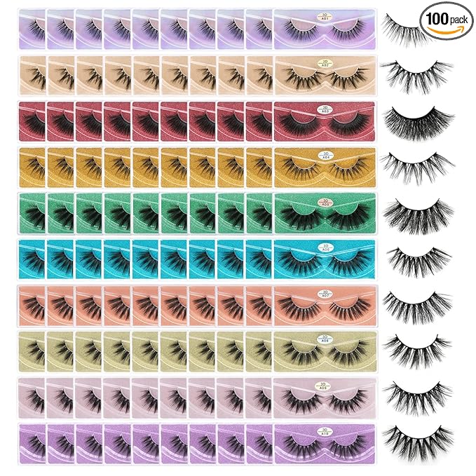 FARRED Wholesale False Lashes 100 Pairs 10 Styles Medium Length Vegan Eyelashes Fluffy Volume Strip Lashes Bulk 10 Portable Boxes Fake Eyelashes Mixed Natural Look 3D Faux Mink Lashes (mix 100pair)