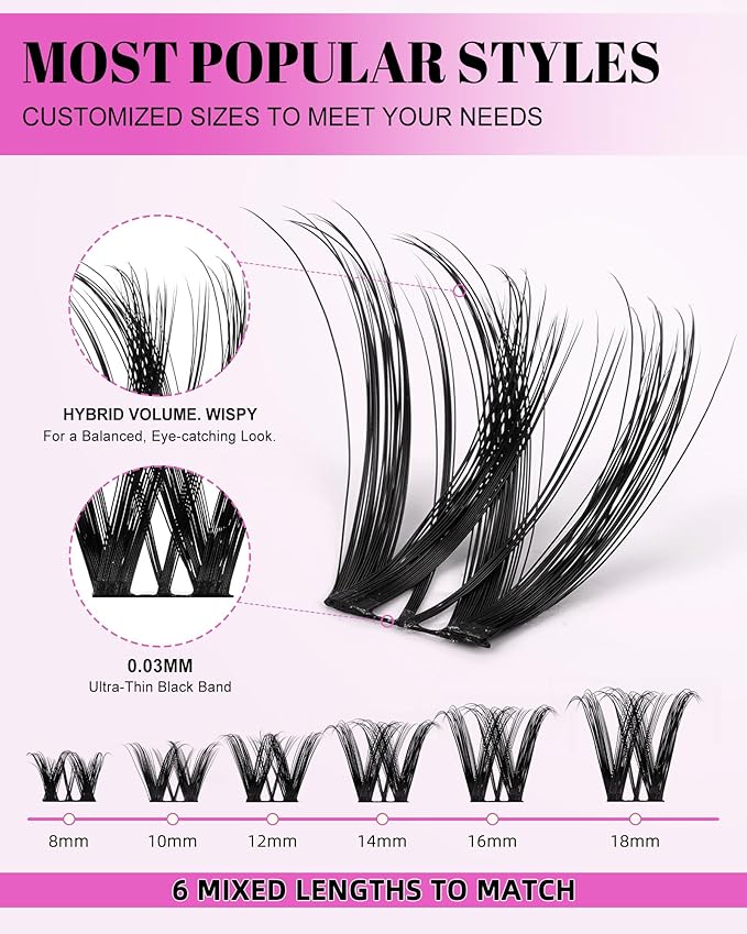Flora Lash Clusters 8-18mm Light-Volume Wispy Eyelash Clusters - WideSpan DIY Eyelash Extension Spiky Cat Eye Lashes Individual Fake Eyelashes Clusters with 0.03mm Ultra-Thin Black Band
