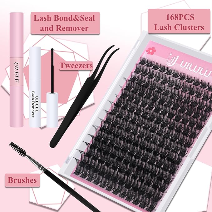 Uilulu Lash Clusters kit 8-18mm DIY Lash Extension Kit 168 Natural Lash Clusters 0.07D D Curl Wispy Individual Eyelash Clusters False Lashes Eye Lash Extension Lash Kits Extensions Kit （04）