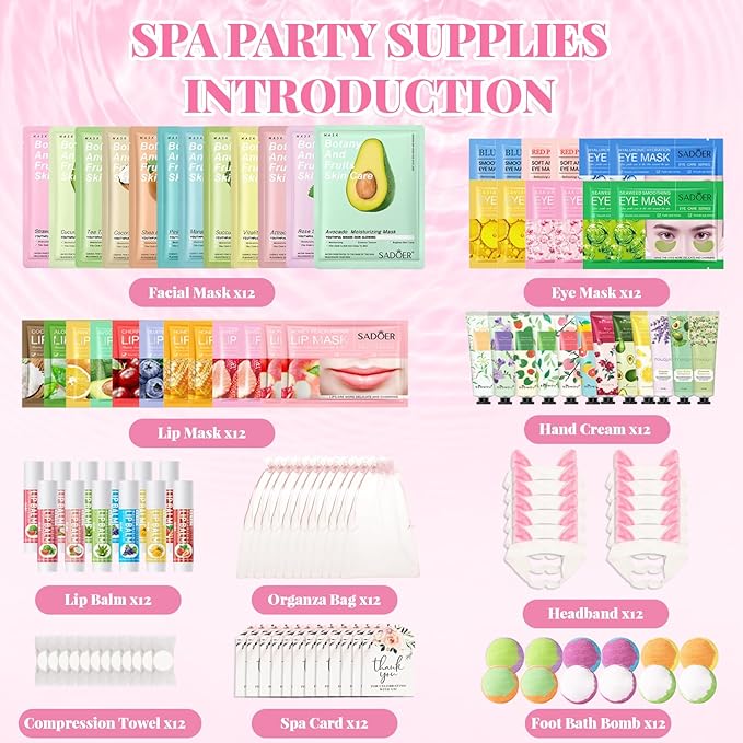 120 PCS Spa Party Supplies for Girls, Sleepover Party Supplies for Girls, Skincare Set, Include Face & Lip Masks, Foot Bath Bombs, Hand Cream, Lip Balm, Under Eye Patches, Spa Party Favors