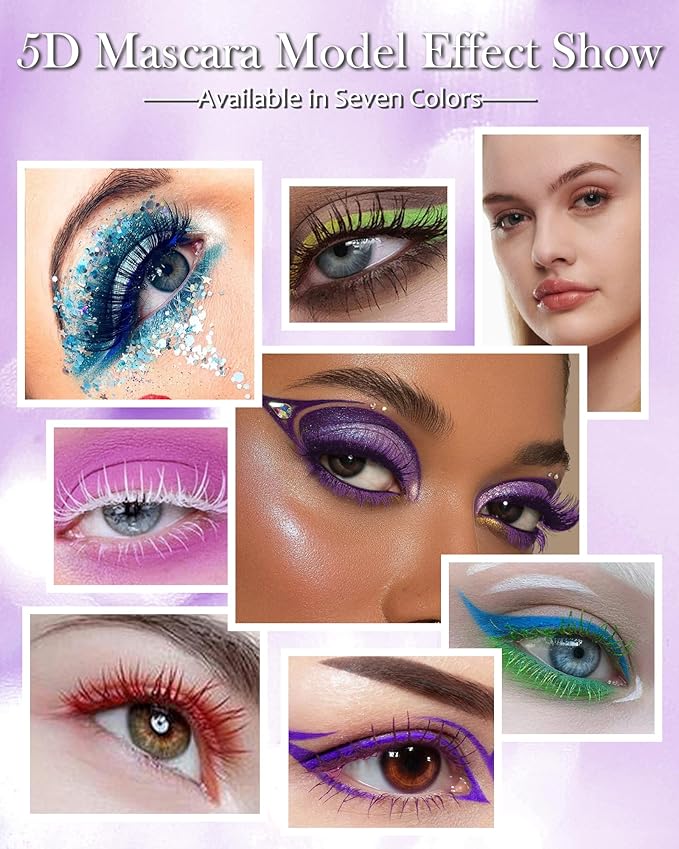 5D Colored Mascara for Eyelashes-3 Colors White Red Green Longlasting Waterproof Mascara Volume and Length,Curling Fiber rimel de pestañas, Christmas Makeup Gift Kit for Women Girl Cosplay Party