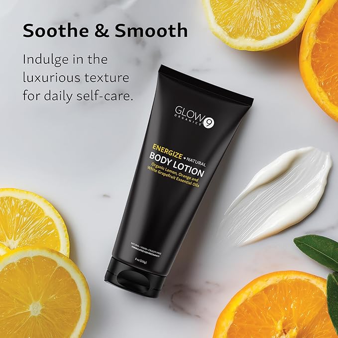 Glow Organics Energize Body Lotion for Dry Skin, 8 oz, Lightweight, Organic, Plant Based, Fast Absorbing Natural Moisturizer with Orange, For Men and Women, Lemon & Grapefruit Oils